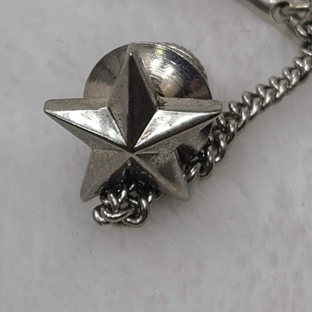 Vintage Silver Star Tie Tack Lapel Pin with Safety Chain and Bar Military Style - Picture 3 of 6